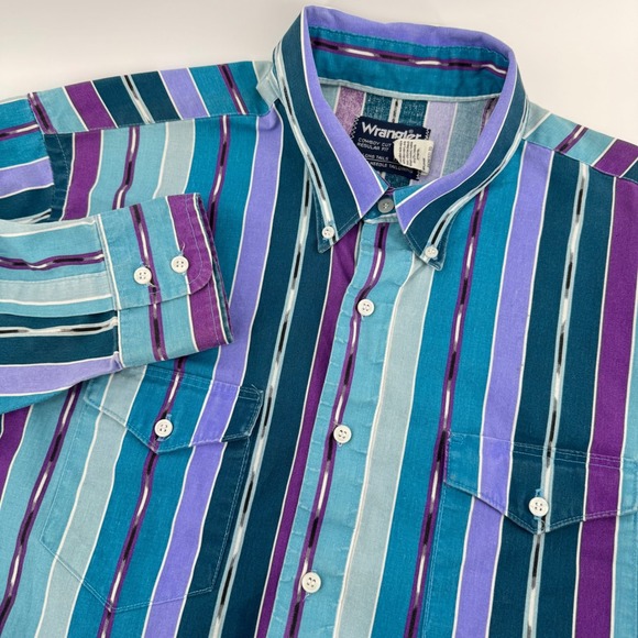 Wrangler Other - Wrangler Western Brushpopper Shirt Mens 17.5 Teal Purple Striped Cowboy Cut